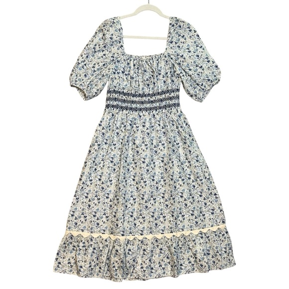 Johnny Was Dresses & Skirts - Johnny Was Camille Midi Dress M Blue Floral Smocked Milkmaid Cottagecore Boho